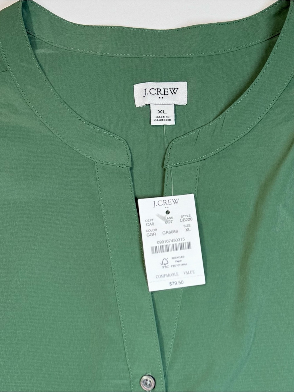 J. Crew Sage Green Popover Blouse XL NWT Lightweight Long Sleeve Top - Picture 3 of 10
